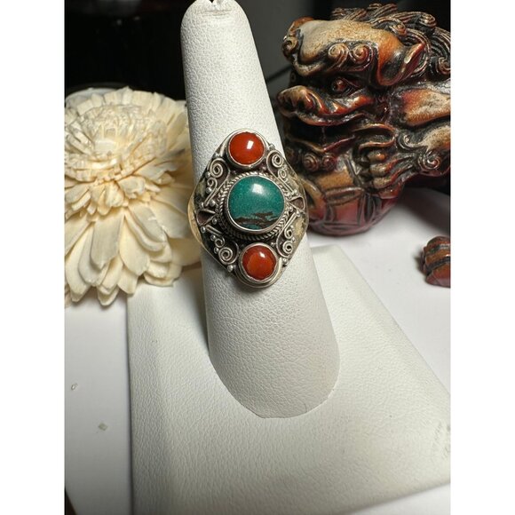 VTG Sterling Silver Red Coral Turquoise Ring - Picture 1 of 7